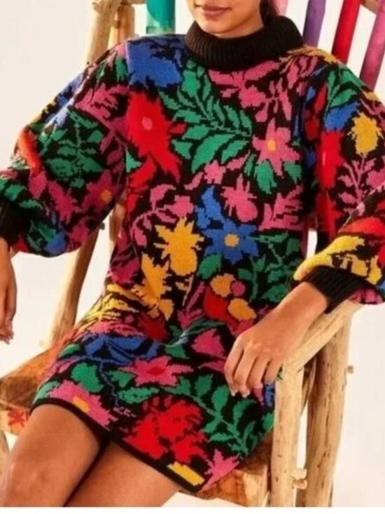 FARM Rio Dresses & Skirts - Farm Rio Multicolored Tropical Garden Mock Neck Sweater Dress Size M